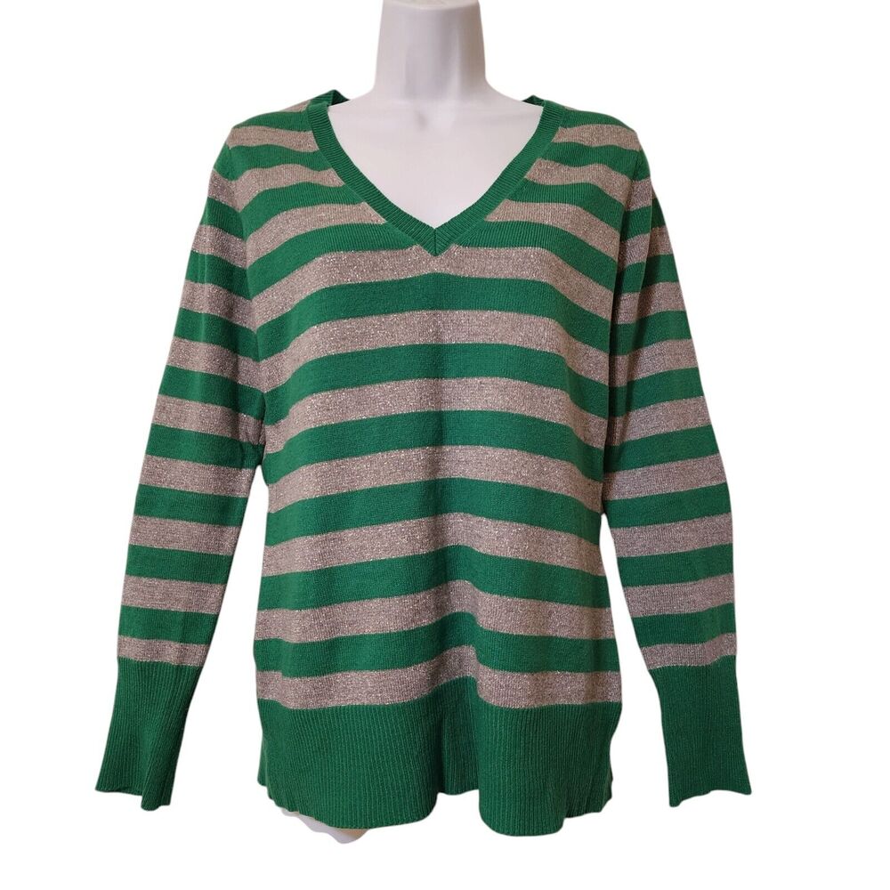 New York & Co Green Metallic Striped V-Neck Sweater Size M